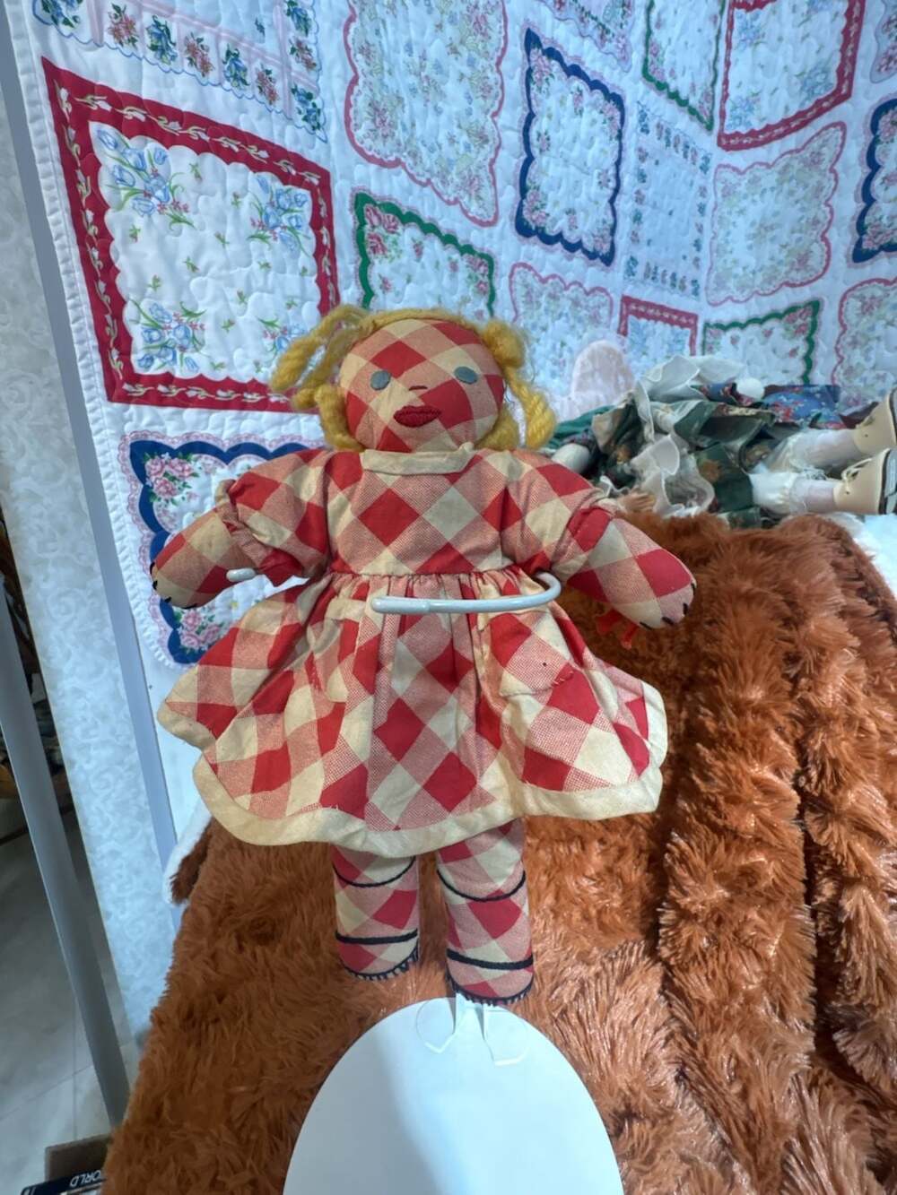 D6 Vintage Handmade Red and White Gingham Check Cloth Doll with Yarn Hair